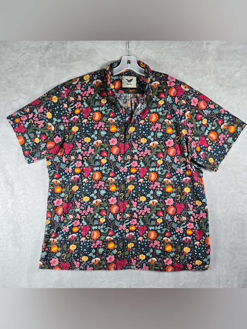 Yiume Tropical Floral Button Down Shirt Mens Extra Large Navy Blue Short Sleeve